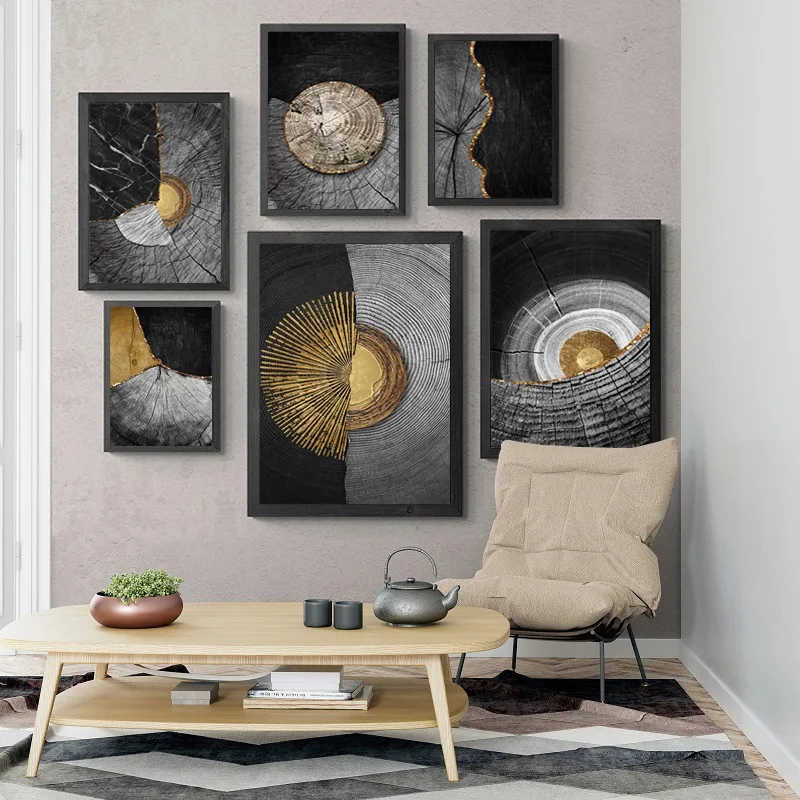 (No frame)Textura de madera abstracta, pintura en lienzo dorado y negro, anillos de árbol, impresiones de carteles, imagen ar