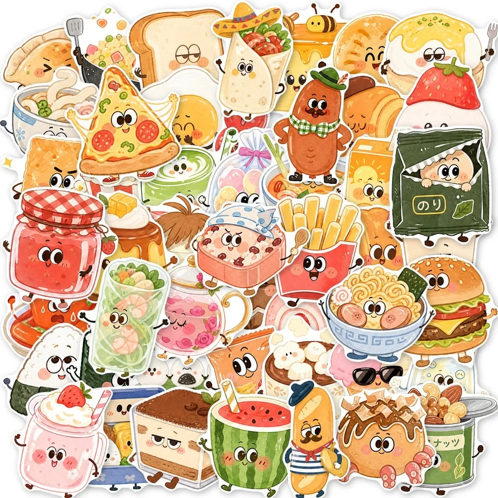 50Sheets Anthropomorphic Food Stickers Cartoon Dessert Snack Self-adhesive Decals for Journal DIY Decor RecordingYourLife Store