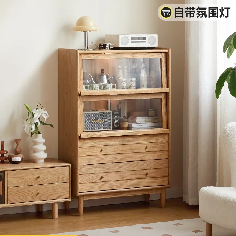 

Solid Wood Side Cabinet Modern Minimalist Oak Chest of Drawers Flip Door Locker Home Small Apartment Living Room Display Cabinet