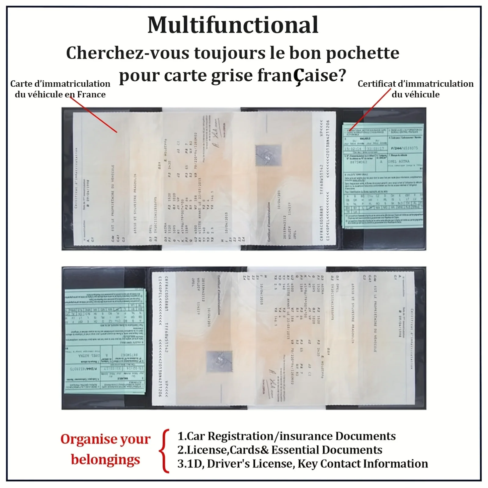 حامل بطاقات أسود مكون من 4 أضعاف في وثيقة السيارة المصنوعة من الجلد المقلد وحامل التأمين والترخيص - أنيق وصغير الحجم ومتين