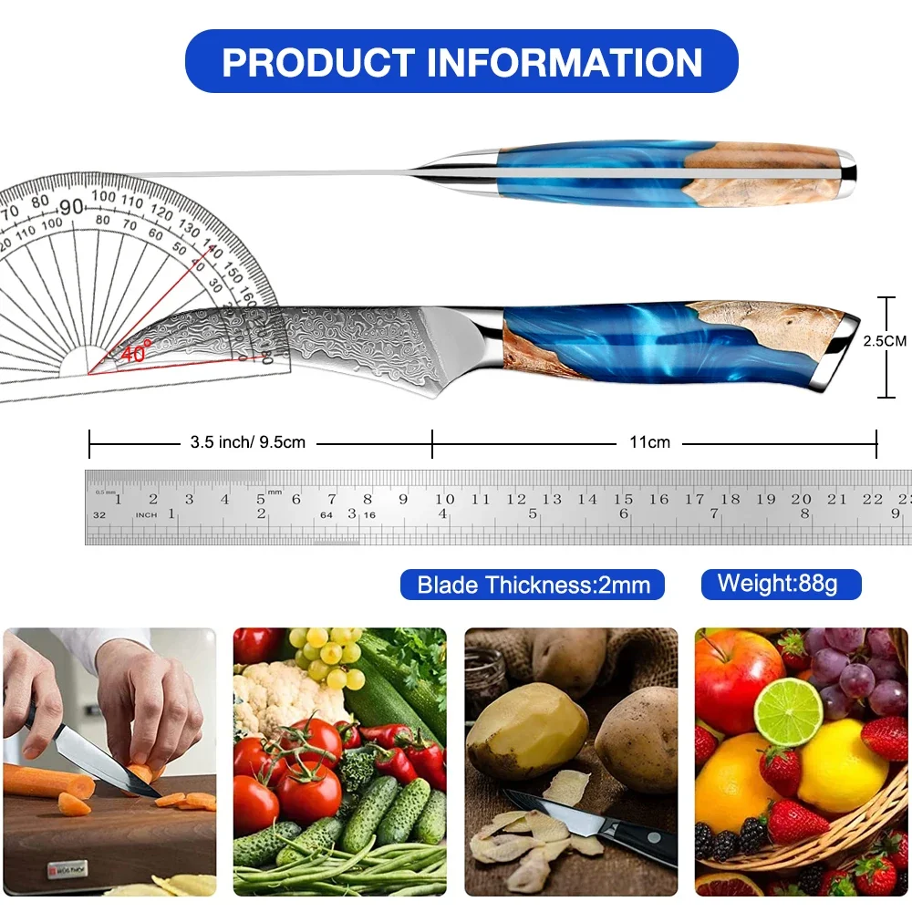 XITUO Japanese 3.5 Inch Curved Paring Knife Damascus Steel Sharp, Pro Kitchen Fruit Knife With Blue Resin Stabilized Wood Handle