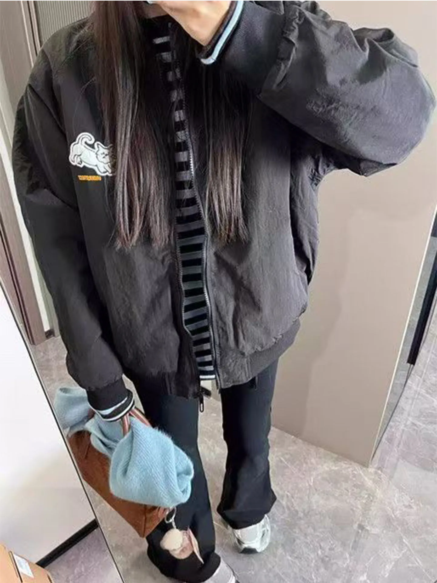 Warm Fce Lined American Sle  Embroidery Baseball Cotton Jaet Women Winter New Loose Korean Sle Student Faion Ou...