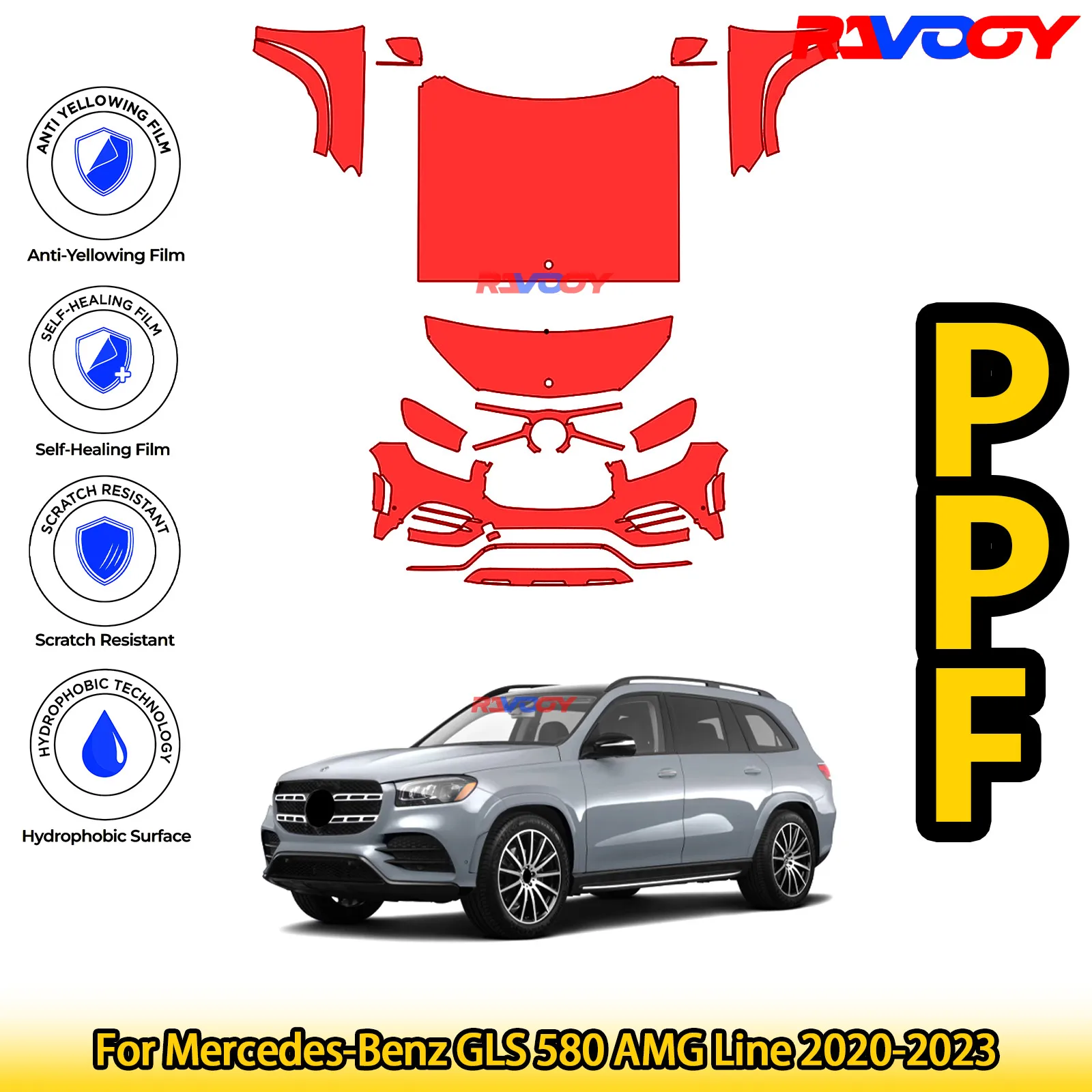 

For Mercedes-Benz GLS 580 AMG Line 2020-2023 Glossy Matte Black Precut front PPF Kit Paint Protection Film