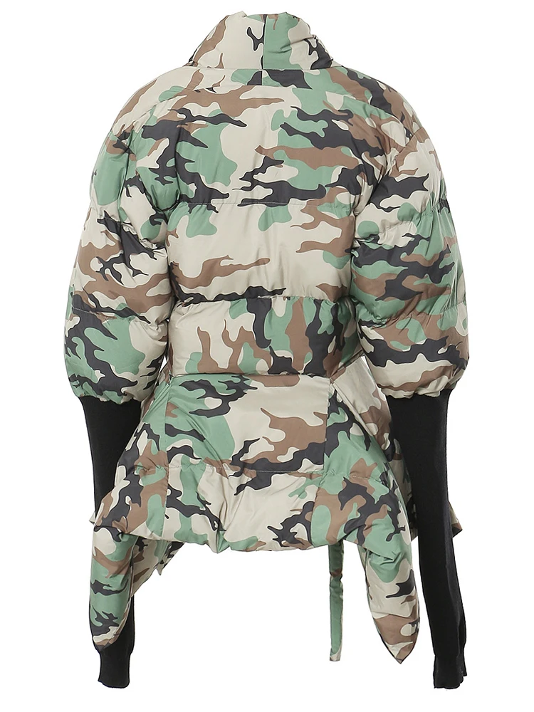 [EAM] abrigo acolchado de algodón Irregular tejido de camuflaje Parkas de manga larga holgadas para mujer moda nueva Otoño Invierno 2024 7AB2058