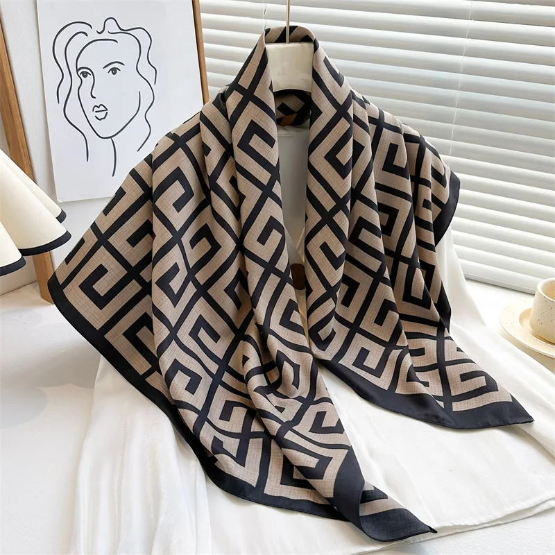 New 90X90cm Kerchief Four Seasons Square Silk Scarves Europe America Luxury Bandanna Popular Print Sunscreen Letter Shawls Hijab