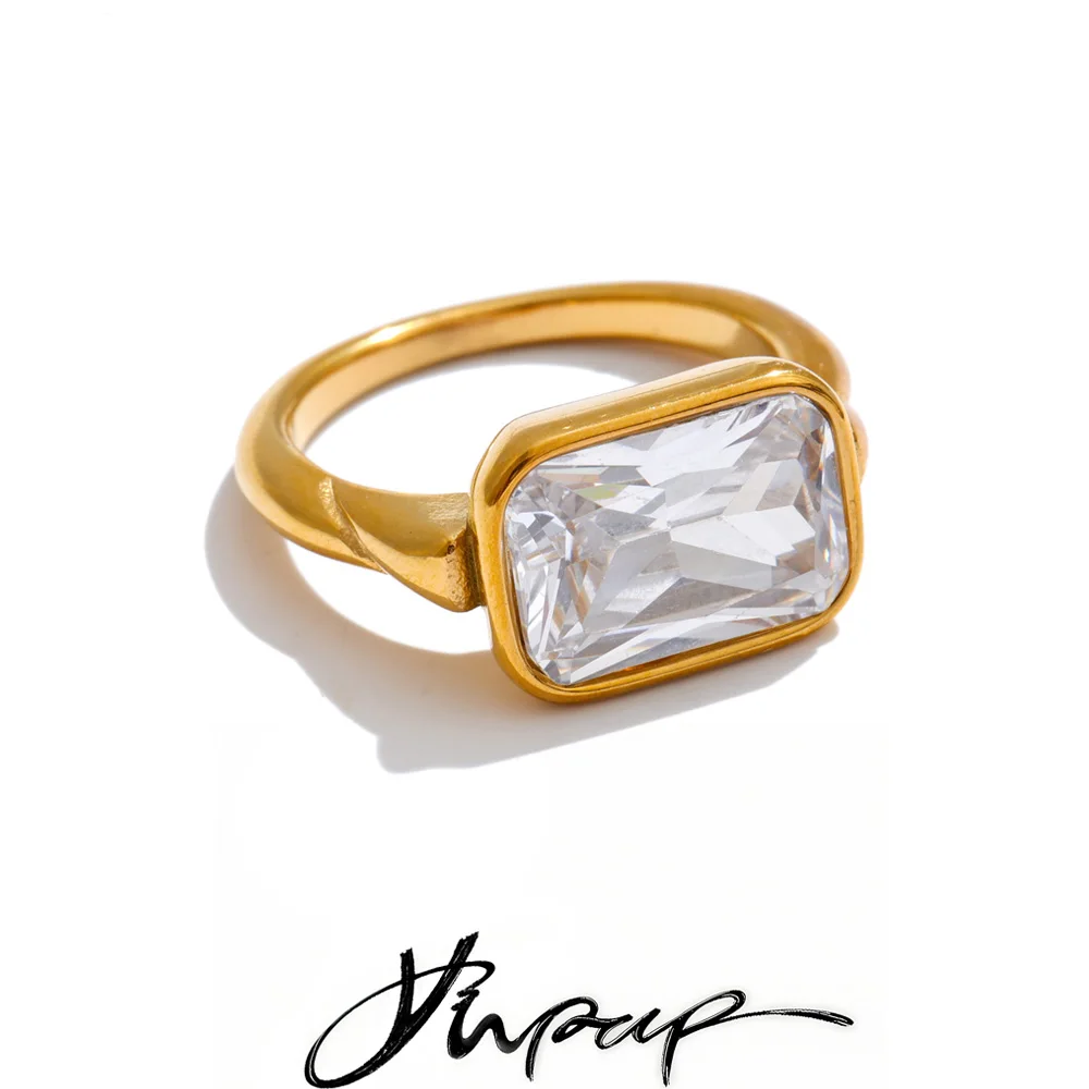 Yhpup AAA Shiny Cubic Zirconia Rectangle Ring Rust Proof Stainless Steel Fresh Prom Premium Jewelry Recommend