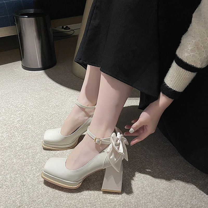 Women Pumps Platform High Heels Wedding Shoes Patent Leather Red Mary Jane Shoes Bow Buckle Strap Square Toe Chunky Heeled Shoe