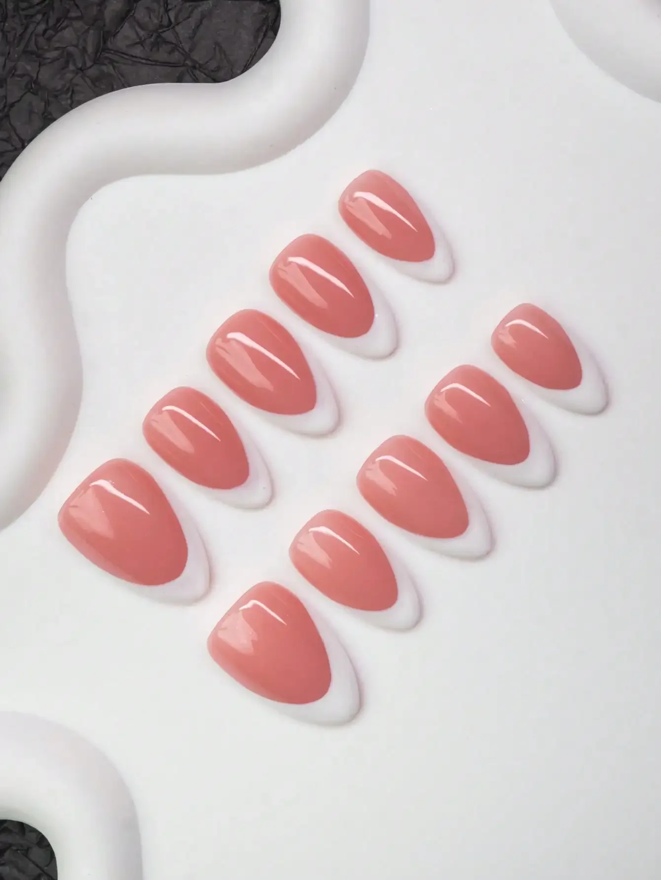 10pcs/Set Handmade Almond-Shaped Y2K Baddie Style Nail Tips, Nude & White Color With French Edge Design, Suitable For Parties, D