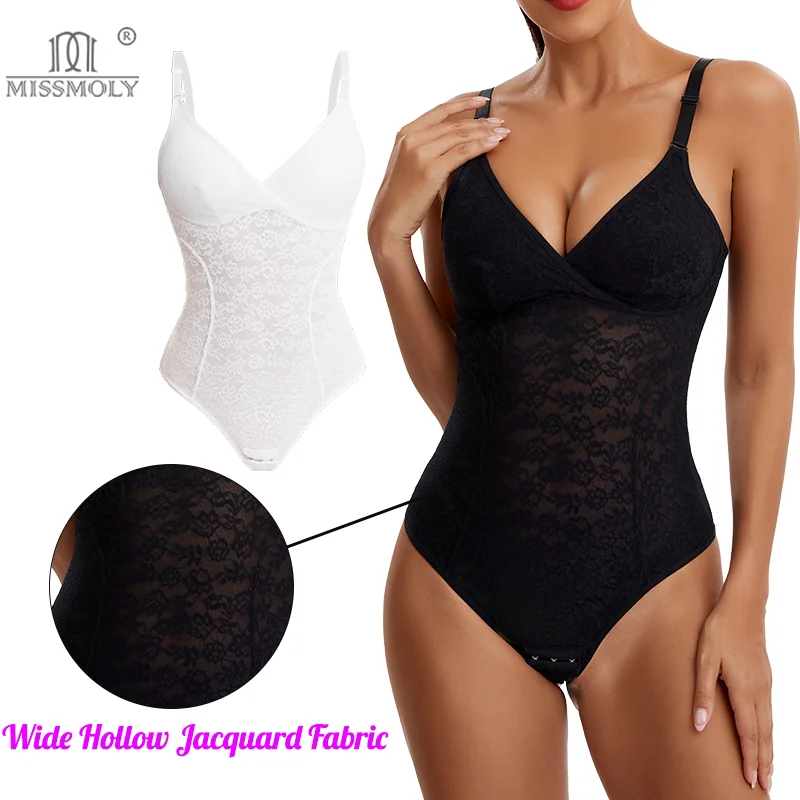 

Miss Moly Women Sexy Lace Bodysuit Built-in Bra Shapewear V Neck Camisole Tummy Control Body Shaper Slimming Butt Lifter Thong