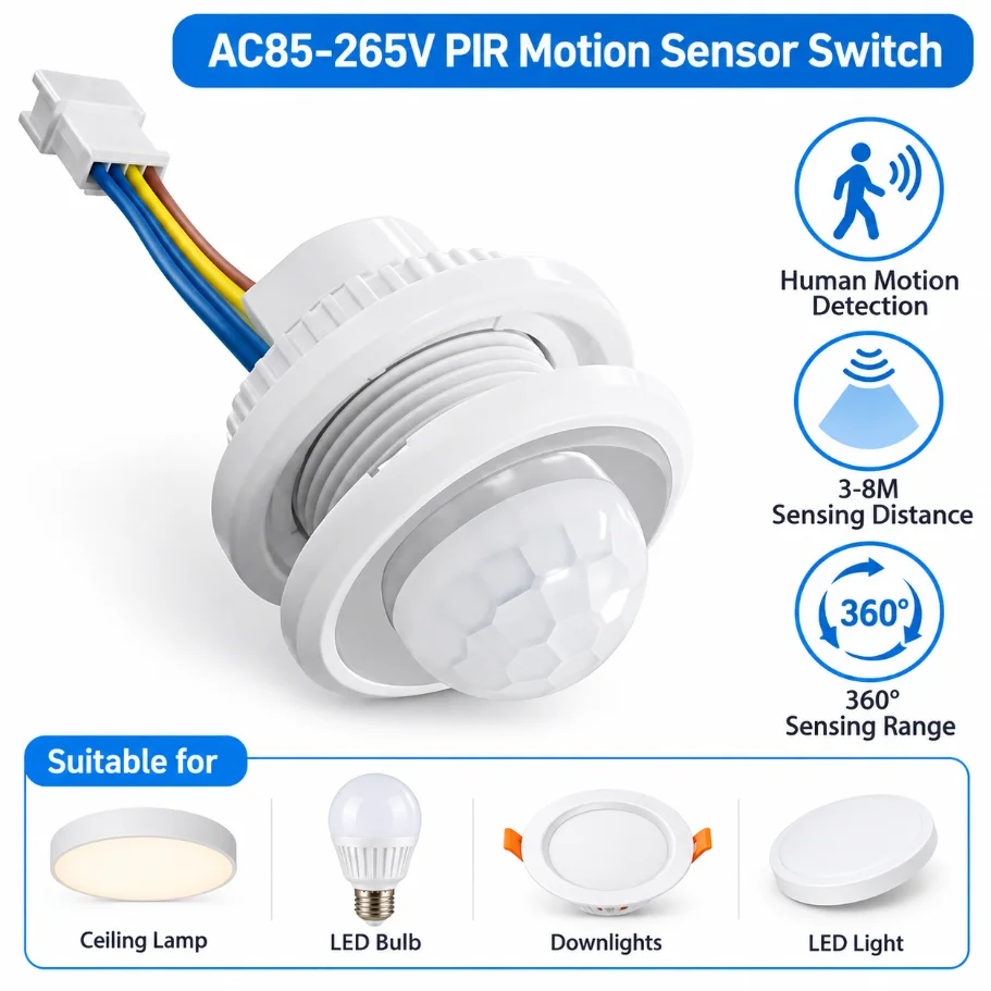 Pir Motion Sensor - AC85-265V対応、埋め込み式PIRモーションセンサー、人体赤外線検知器、検知距離3～8m、天井灯、ダウンライト、LED電球用。