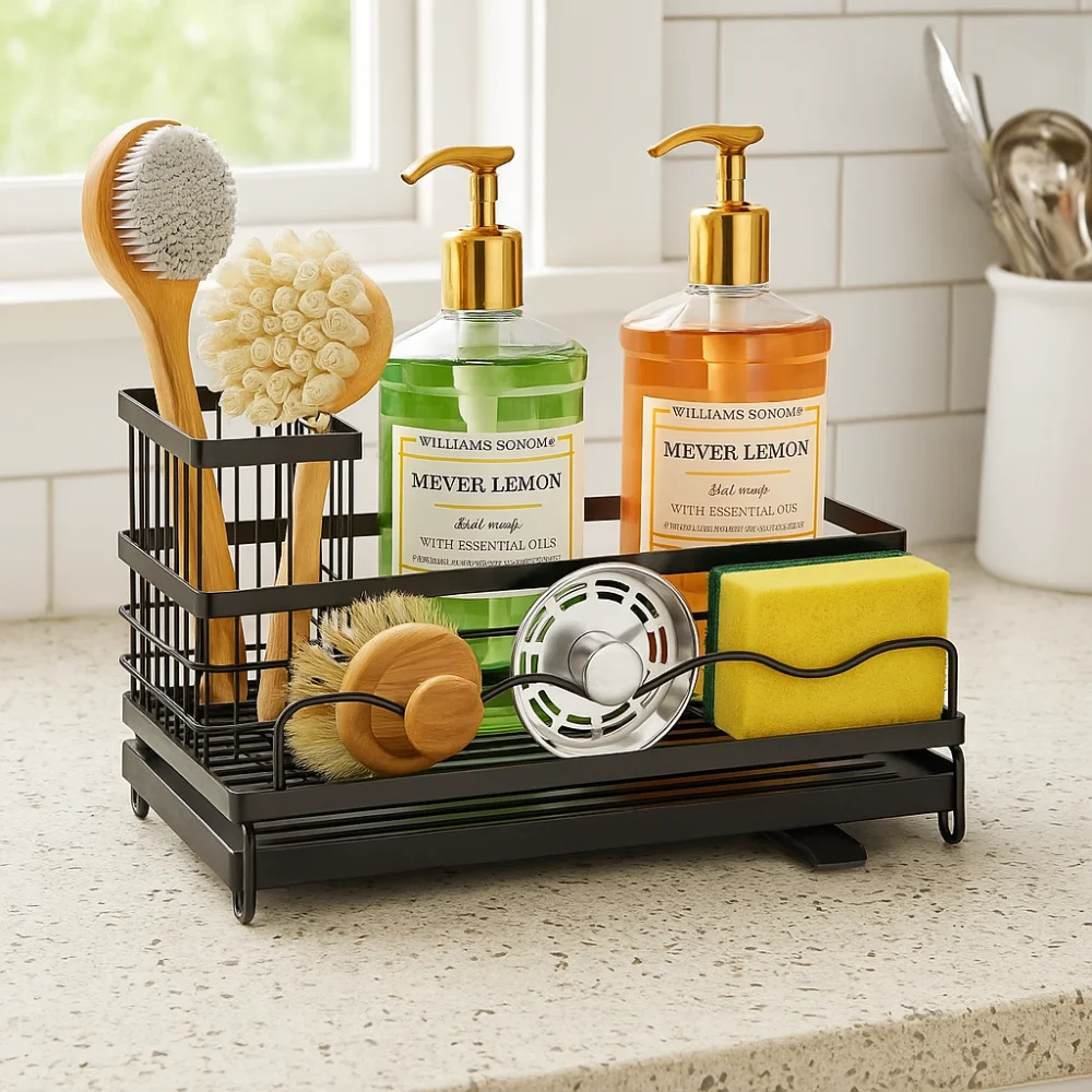 

Stainless Steel Kitchen Sink Rack Rustproof Self-draining Kitchen Sponge Holder Save Space with Chopsticks Holder