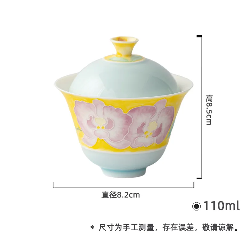 

Jade Clay White Porcelain Hand-painted Hibiscus Flower Ceramic Gaiwan Kung Fu Tea Set Household Color-blocking Handmade Imitatio