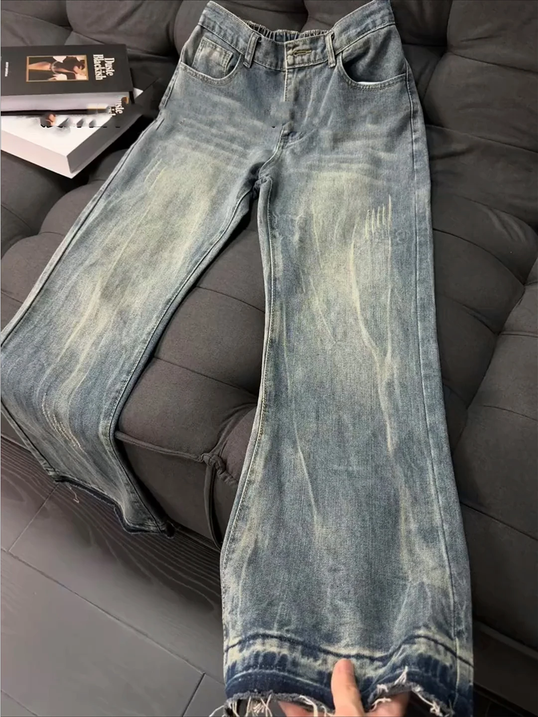 

Retro Blue Claw Mark Bent Knife Jeans Men Summer Thin American High Street Slimming Straight Leg Pants Cool Haome Wide Leg...