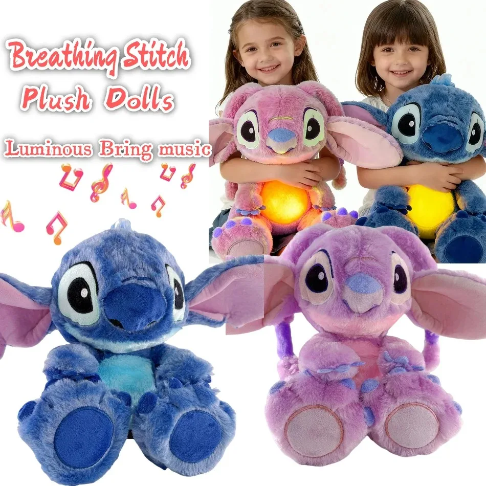 Disney Lilo&Stitch Plush Doll Breath Child Peluche Kawaii Soothes Toy Anime Baby Music Light Sleep Toys Pink Stitch Kid Gifts