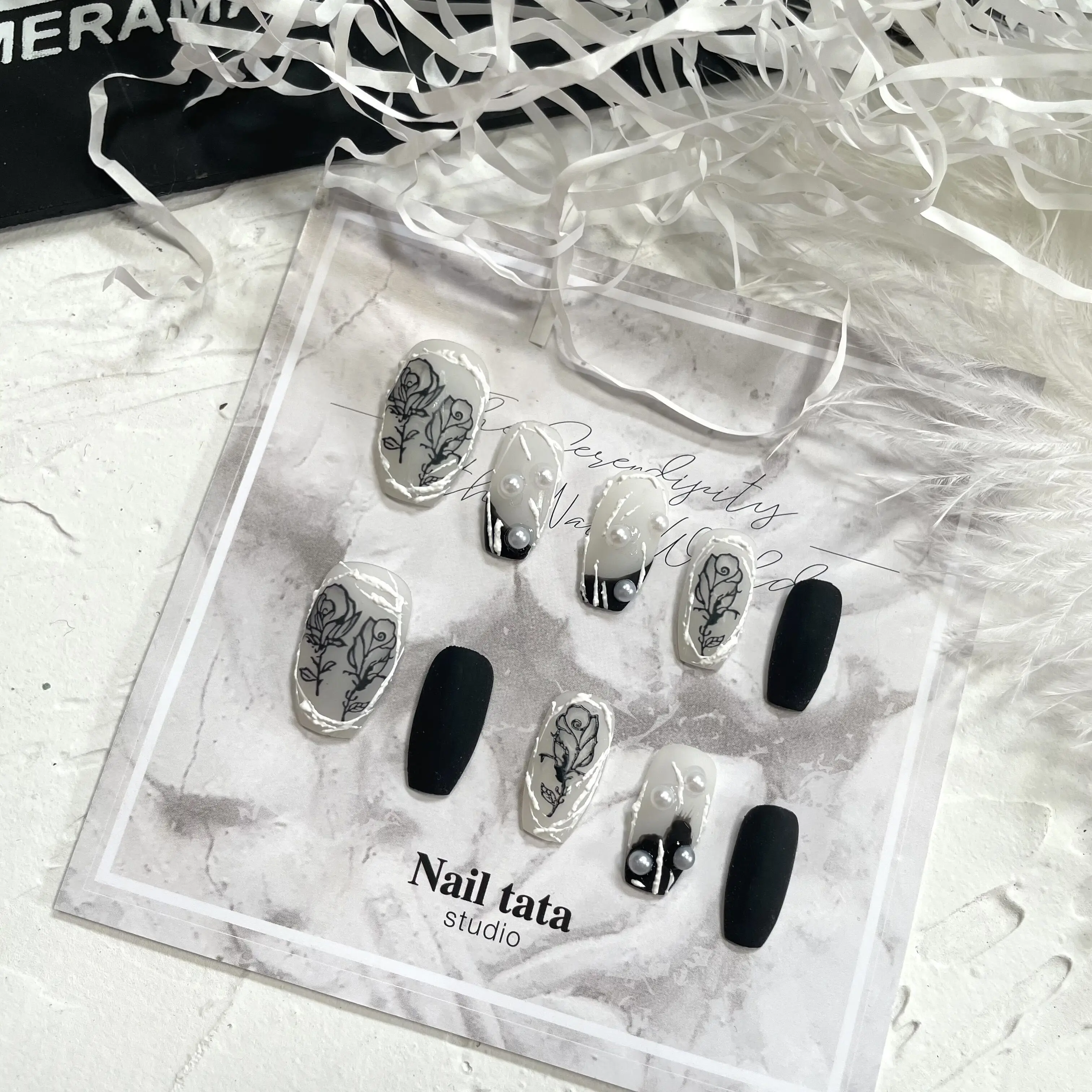 European and American Ins Black Rose Baroque Plaster Hand Painted Finished Nail Beauty Handmade Custom Wear Nail Stickers