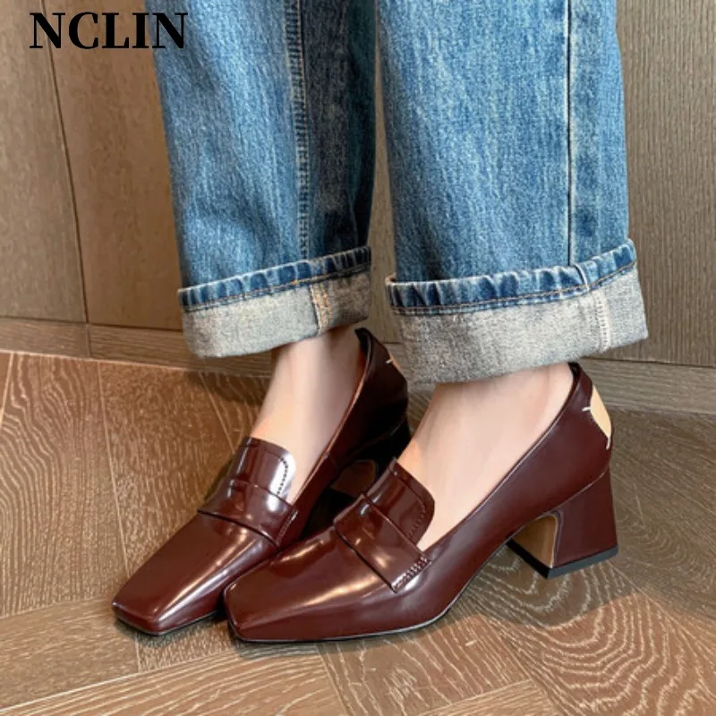 

New Spring/summer Women Shoes Genuine Leather Women Pumps Square Toe Chunky Heel Loafers Shoes for Women High Heels Handmade