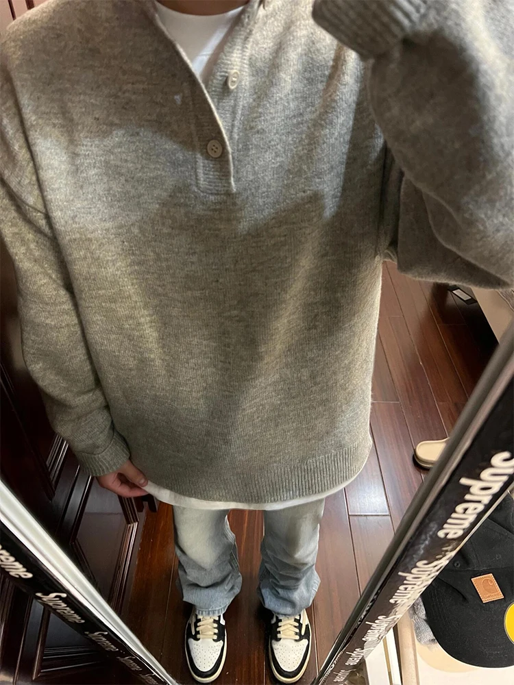 

Мужской вязаный свитер Cleanfit с воротником хенли, свободного кроя, с цветочным узором, премиум-класса, для зимнего сезона, повседневный, с длинными рукавами