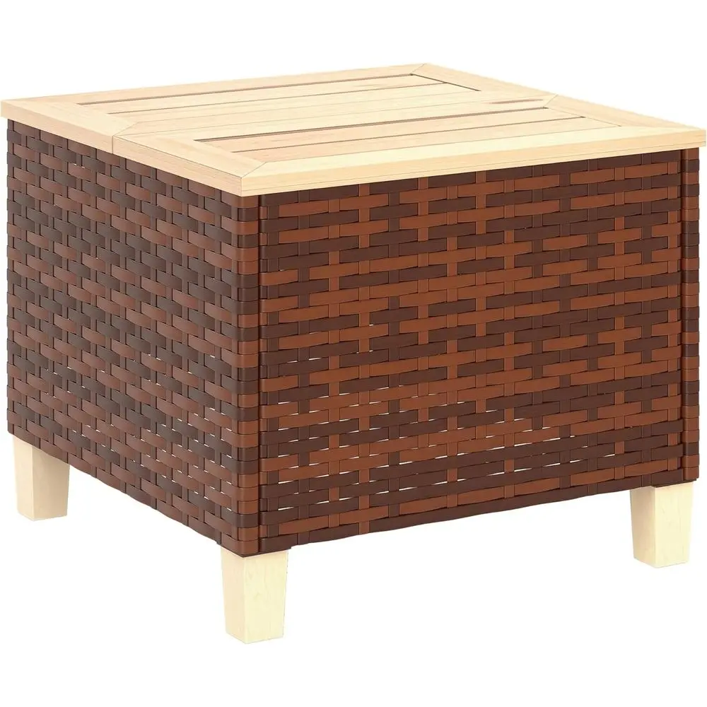 

Коричневый всепогодный уличный приставной столик из ротанга PE с натуральной деревянной столешницей и ножками для патио, бассейна или веранды