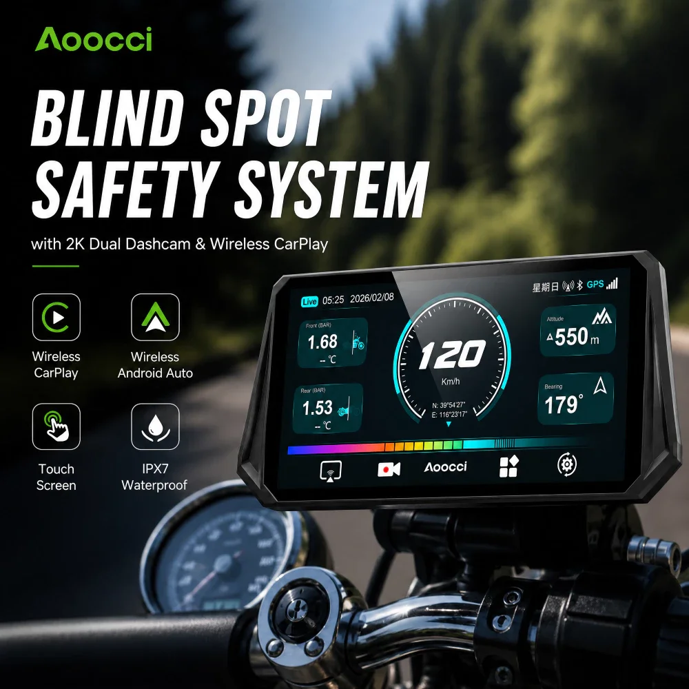 Aoocci D6A 6.1" Ultra-Wide Smart Motorcycle CarPlay with 77GHz Radar BSD & TPMS 2K Dual Dash Cam Moto Display Screen ,TPMS