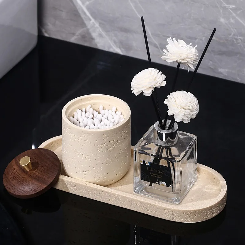 

Wabi Sabi Ceramic Cotton Swab Holder, Minimalist Zen Multifunctional Organizer for Q-tips Toothpicks Floss, Bathroom Decor