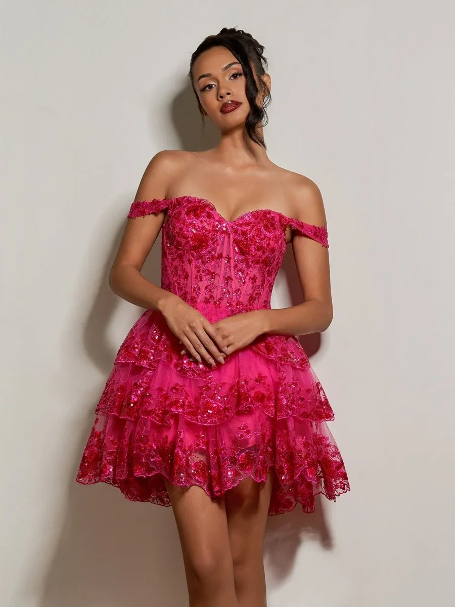 Vestido corto rojo personalizado, diseño de un solo hombro, decoración de encaje con lentejuelas, diseño de correa trasera, elegante y juguetón para ocasiones de fiesta