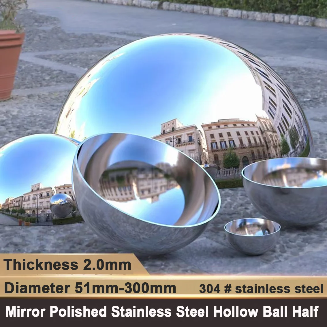 2.0mm Thick Diameter 51mm-300mm Duty 304 Stainless Steel Hemisphere Ball Mirror Polished Hollow Hemisphere Modern Art Wall Decor