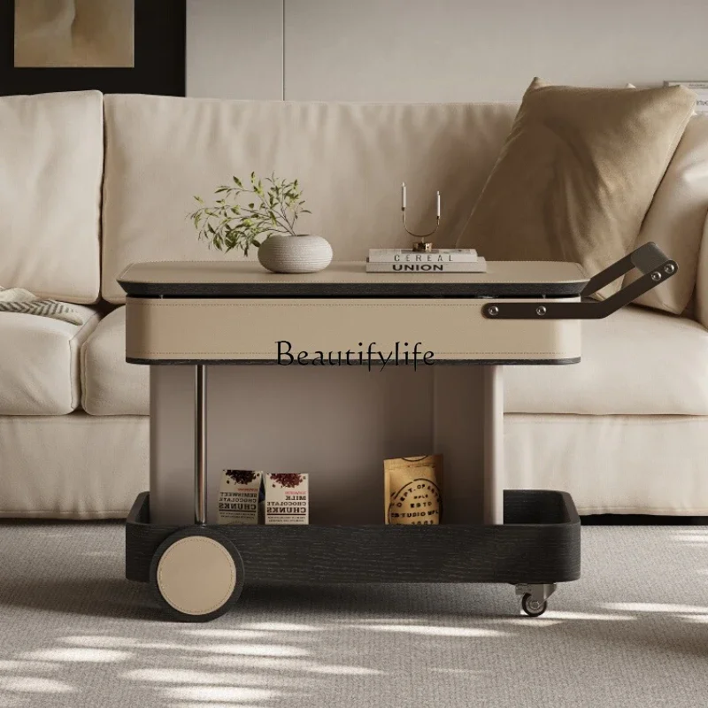 

Ljy Italian minimalist trolley sofa edge few movable lift rotating high-end saddle leather storage living room