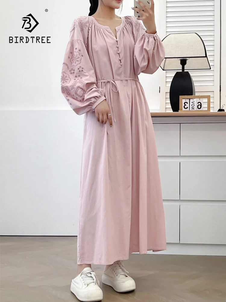 New Summer Cotton Long Sleeve Dresses, Woman O Neck Hollow Out, Mori Girl Casual French Sweet Loose Dress, 2024 Autumn D48124QC