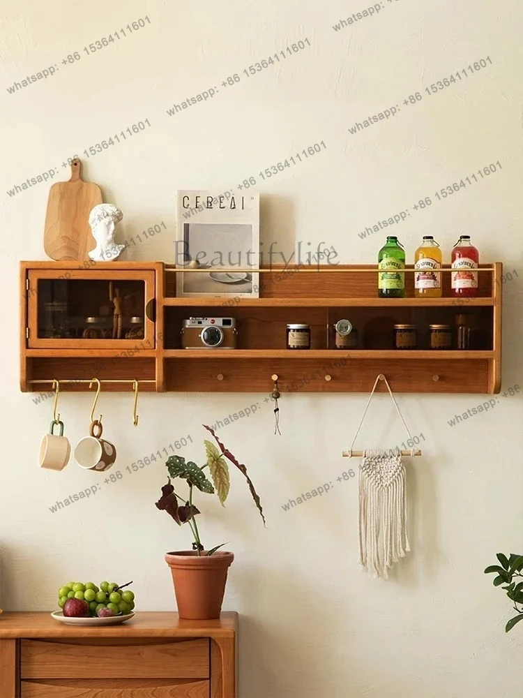 solid wood hanging cabinet retro wall-mounted storage cabinet cherry wood cream wind small apartment kitchen wall