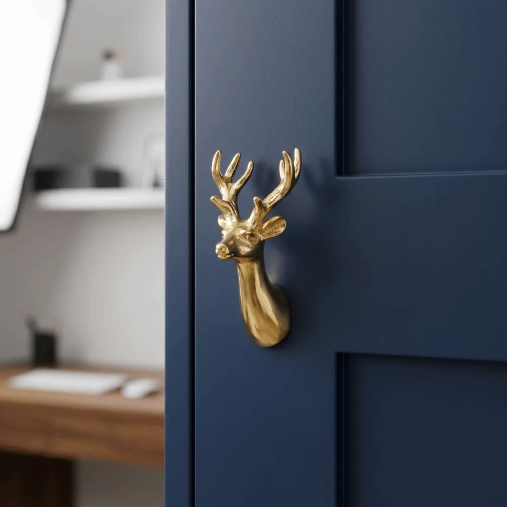 Retro Brass Cabinet Pull Single Hole Furniture Hardware Solid Deer Head Drawer Handle Push-pull Animal Series