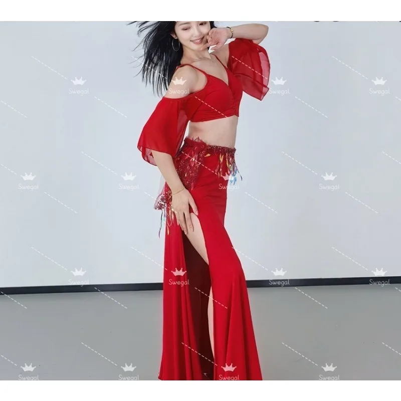 Trajes de dança do ventre sweg personalizados, roupa de prática, vestido de dança oriental, ombro de fora, manga de fada, divisão dupla, saia grande de balanço