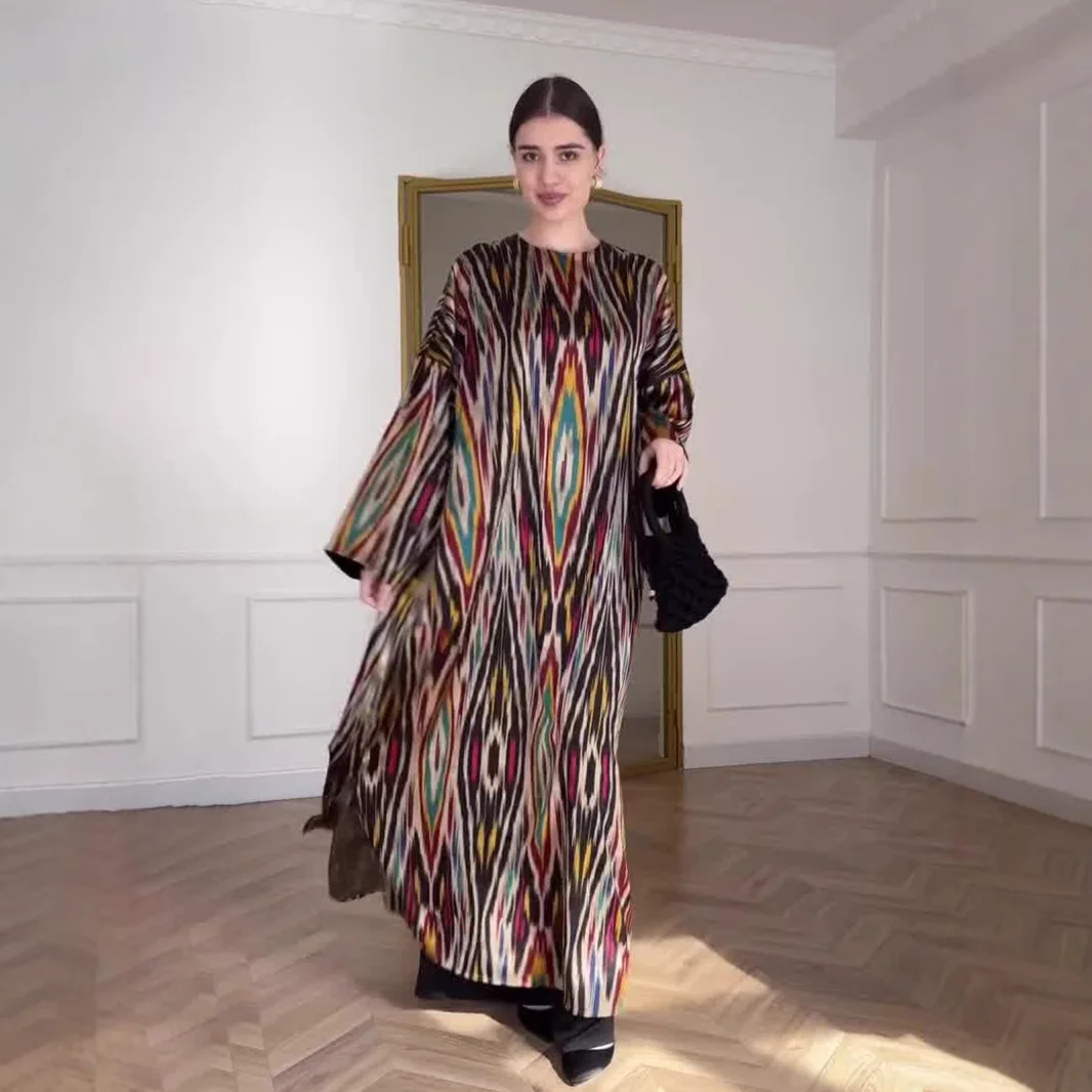 Spring Fall Sun Protection Printed Long Dress Women Urban Casual Loose Round Neck Long-Sleeved Dress European American Style