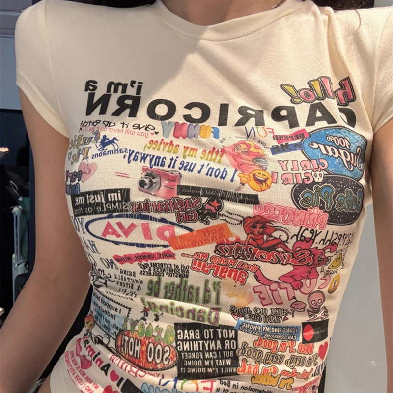 Vintage individualidad graffiti slim top sweetheart y2k 90s camiseta gótica dulce niñas divertido Harajuku kawaii lindo Sexy Crop Tops