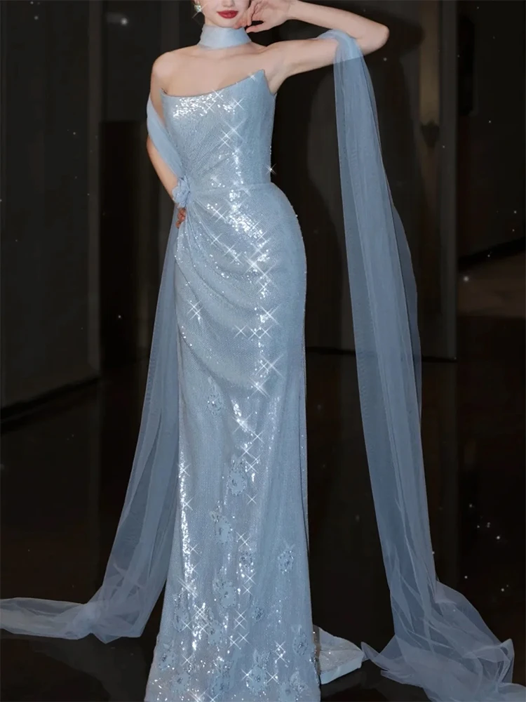 Exquisite Glitter Blue Strapless Formal Evening Dresses Mermaid Prom Dresses Customized robes de soirée