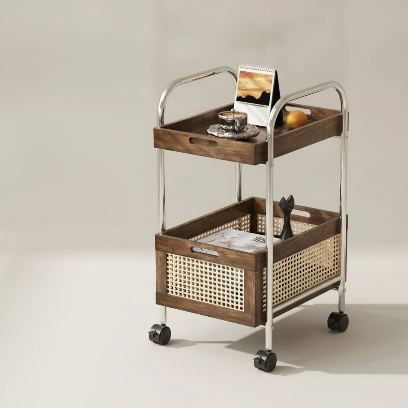 Storage Cart with Wood Trays Compact Rolling Cart with Wood Top Two-Tier Trolley Space-Saving Furniture Metal for Living Room