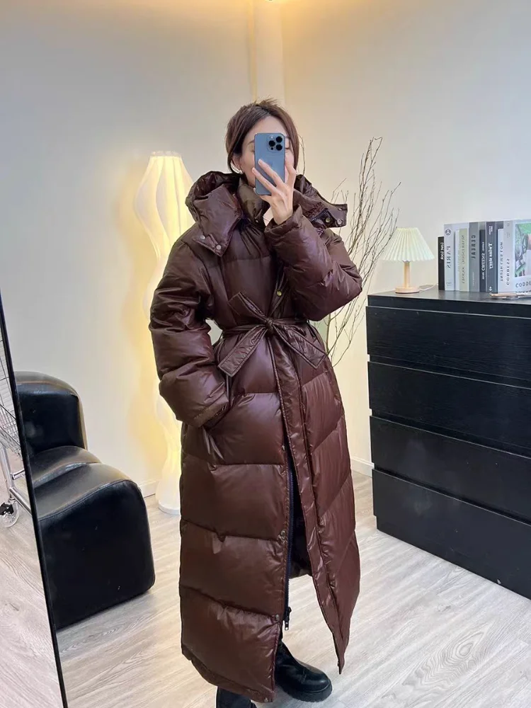 Mit Gürtel Damen Winter Daunenjacke Langer Puffermantel Weiße Ente Dicke warme Kapuze Wasserdichte Daunenjacke mit Schärpen Outwear