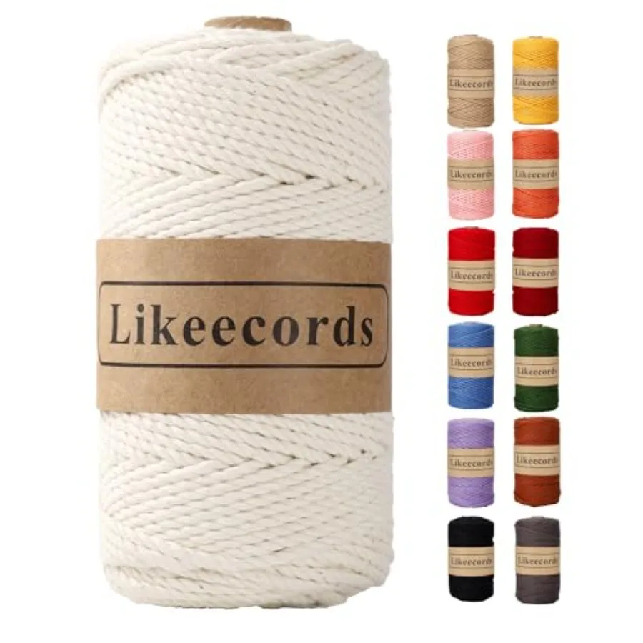 

Хлопковый макраме-шнур 3 мм x 100 м, 3-прядный крученый шнур для рукоделия, вязания, подвесок для растений, свадебных и рождественских украшений