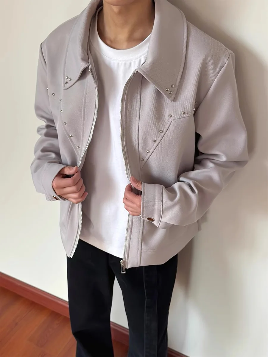 

American Retro Tailored Rivet Jaet Men's ort Wide Design Collar Outerwear Autumn Season Loose Fit Teenagers Zipper Closure