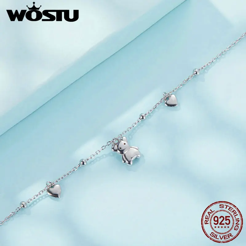 WOSTU 925 Sterling Silver Little 3D Bear Bracelet Heart Pendant for Women Girl Dating Birthday Companionship Gift Fine Jewelry