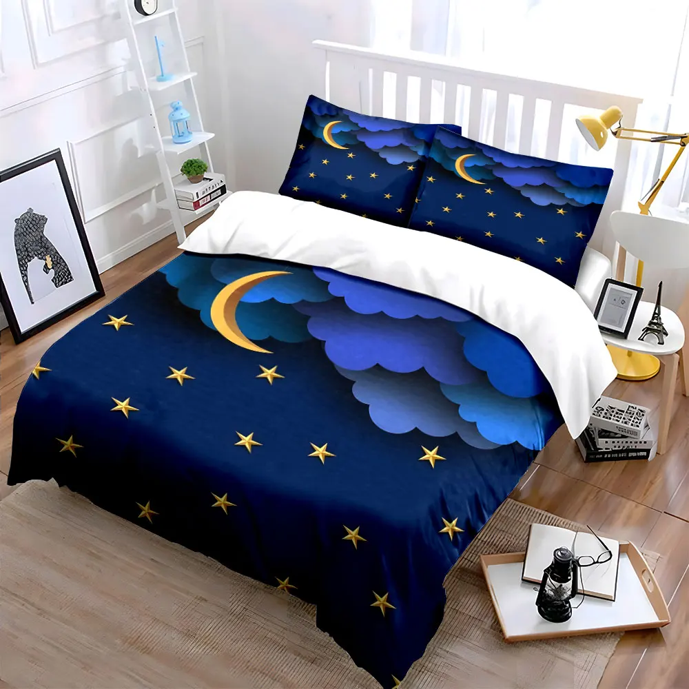 Golden stars under crescent moon sky Pattern Duvet Cover Set Digital Print Colorful Polyester Bedding with Zipper Closur