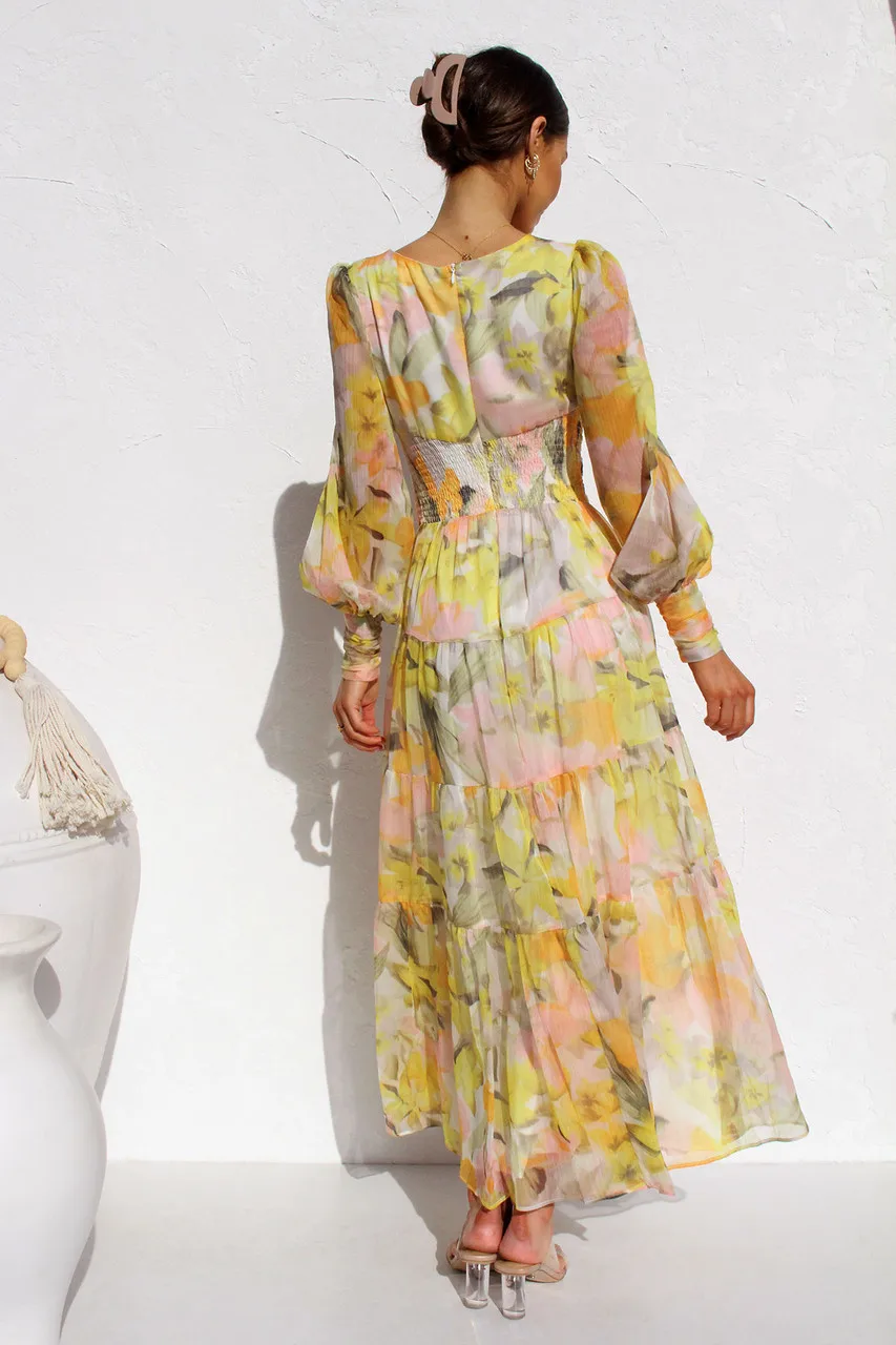 Bohemia Fashion Long Sleeves Deep V-neck Floral Print Chiffon Long Casual Maxi Dress For Women