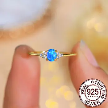 CWWZircons S925 純銀璀璨藍色神秘橢圓形蛋白石金色戒指,女士 CZ 婚禮派對精美珠寶 SR076 10 最佳銷售 藍色蛋白石戒指 - №8