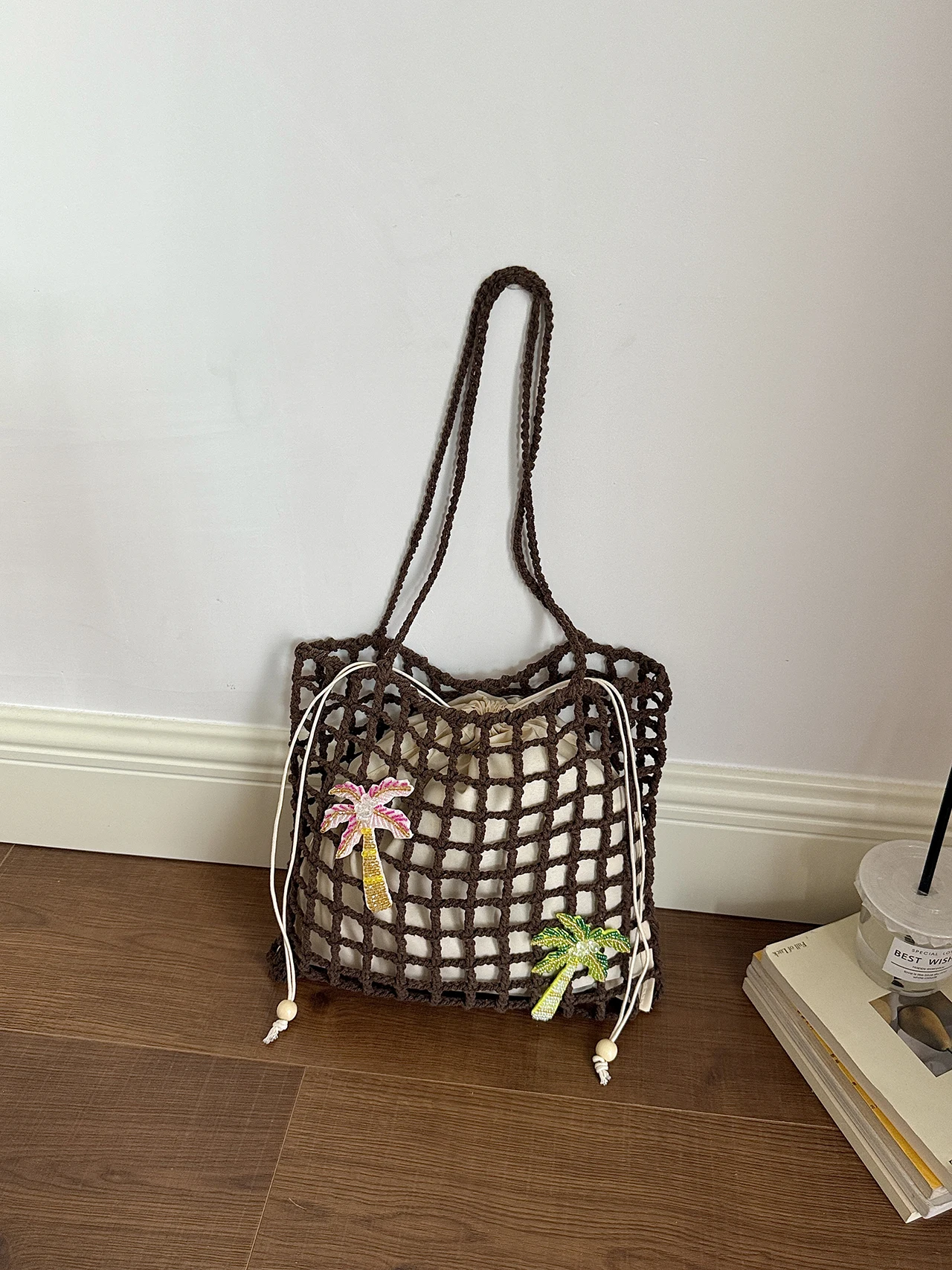 Women's Hollow out Fishing Net Basket Weave Bag Large Capacity Beach Vacation Travel Handbag Soft Bucket Shape Storage Bag