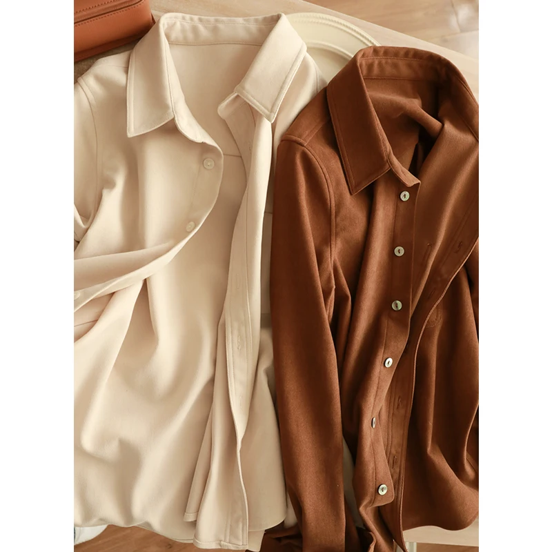 

Retro Hong Kong Style Women's Shirt Fleece-lined Layering Button-up Long Sleeve Collar Straight Cut Autumn Winter Top