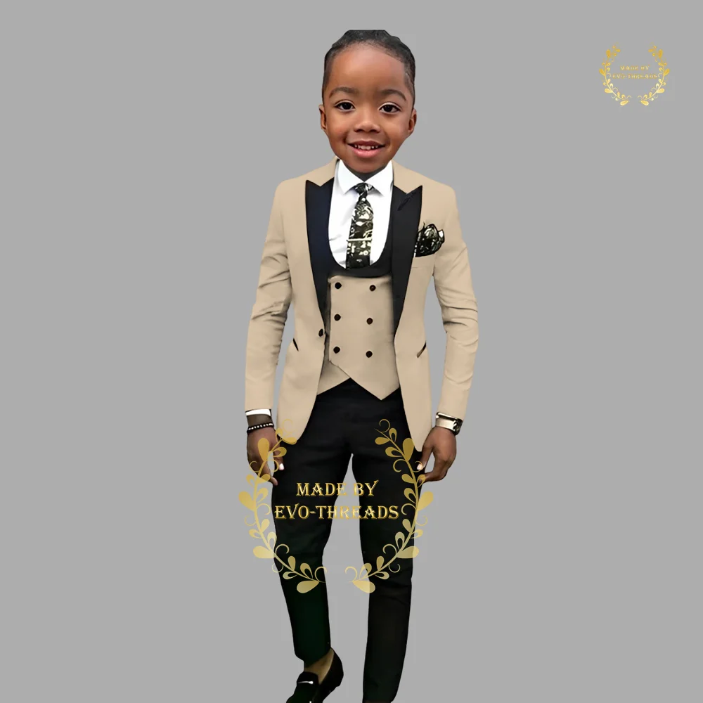 beige boy's 3-piece suit (jacket+vest+pants) peak lapel blazer, custom children's attire for wedding birthday uniform prom party