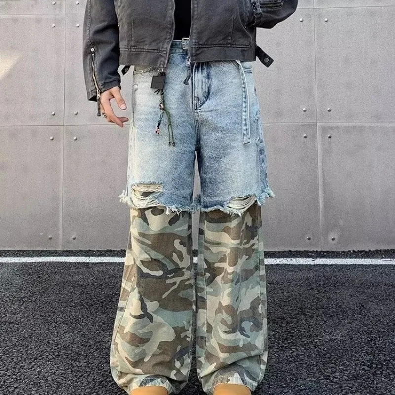 

Men High Street Patchwork Camouflage Jeans Straight Trousers Fake Two Pieces Aged Patchwork Hip Hop Trendy Personalized