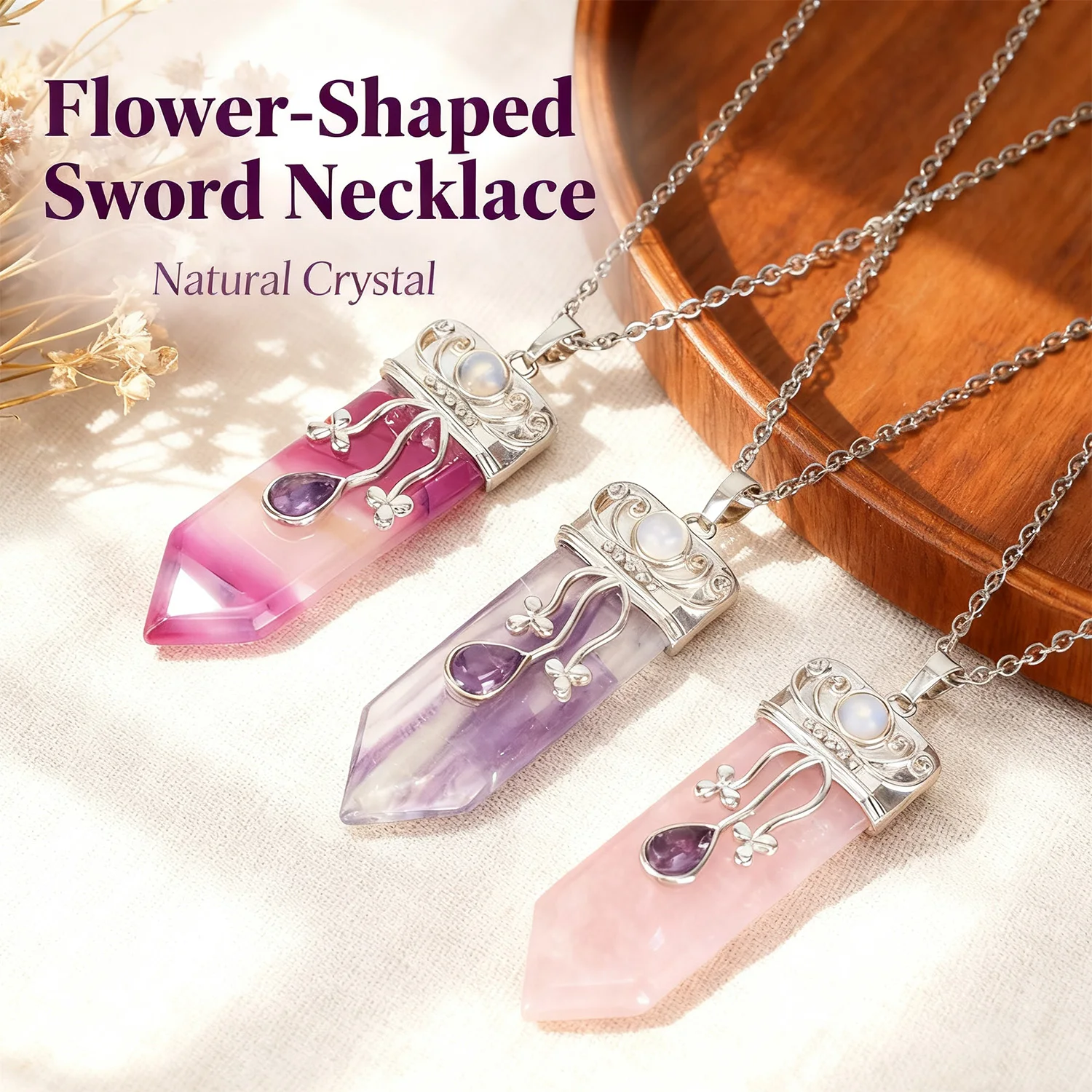 

New Style Natural Crystal Faceted Sword-shaped Pendant, European and American Fashion Exaggerated Pendant Jewelry Necklace