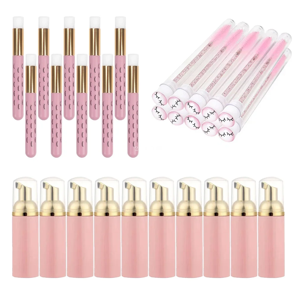 30Pcs Eyelash Tool Set Includes 60ml Eyelash Empty Soap Foam Bottle 10pcs Blackhead Removal Cleaning Brush 10pcs Mascara Brush