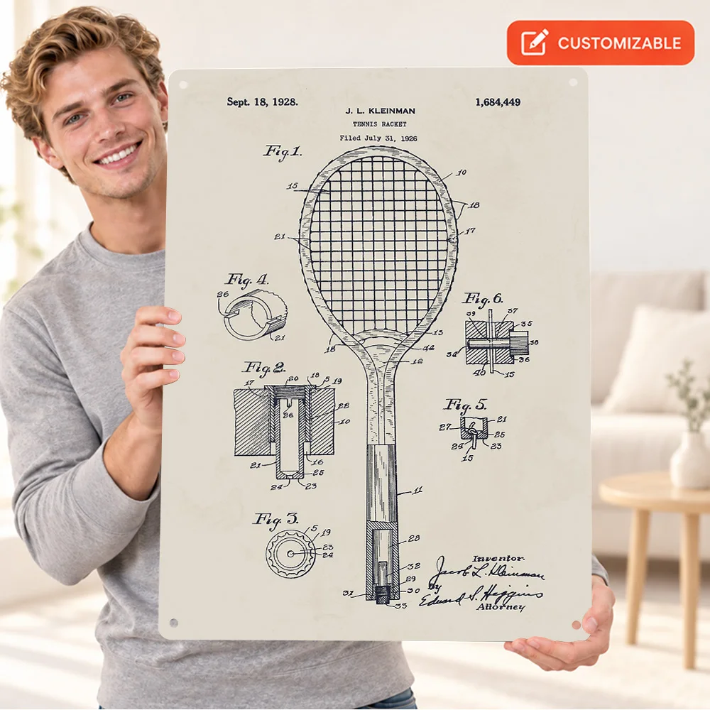 Tennis Racket Patent Printed Poster Personalized Aluminum Metal Sign Line Drawing Style Wall Art For Man Cave Collector Gift