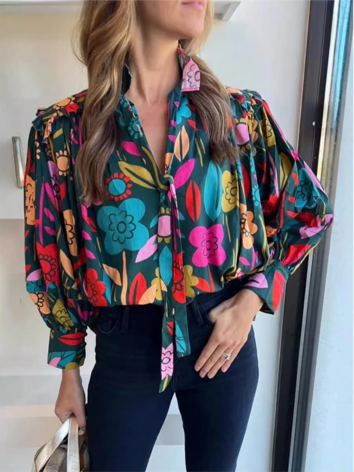 Csa Casual con Estampado Floral para Mujer, Top con Mangas Abullonadas, Cuello en V, Corta, de Poliéster, Mangas Largas, R...